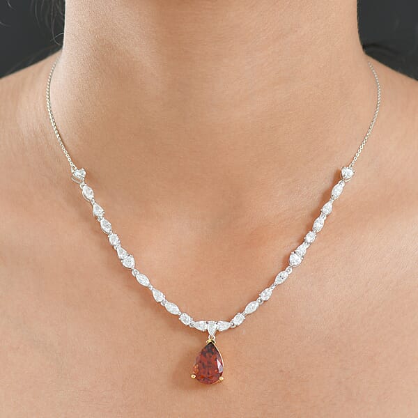 D'Joy Premium Red Citrine And Moissanite 9.65 Ctw Empress Glow Necklace In 18K Vermeil YG And Rhodium Over Sterling Silver 18-20 Inches
