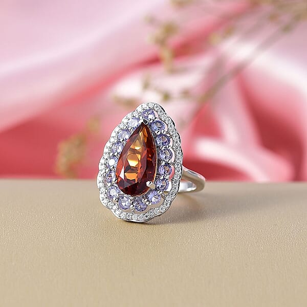 D'Joy Premium Red Citrine And Multi Gemstone 4.00 Ctw Twilight Flame Ring In Rhodium Over Sterling Silver