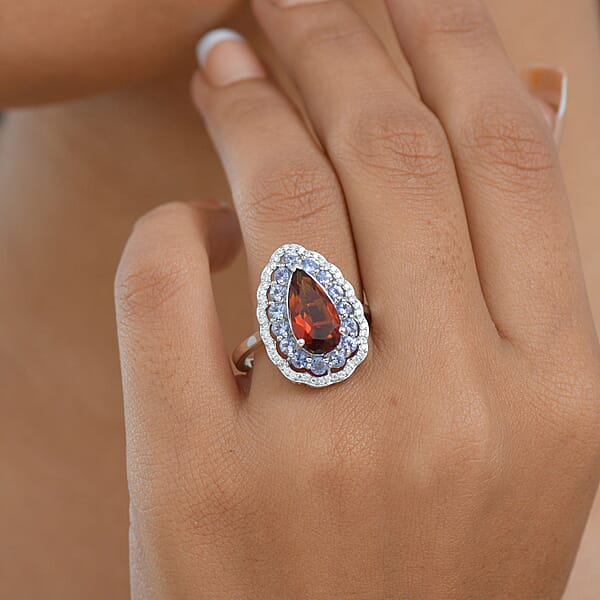 D'Joy Premium Red Citrine And Multi Gemstone 4.00 Ctw Twilight Flame Ring In Rhodium Over Sterling Silver