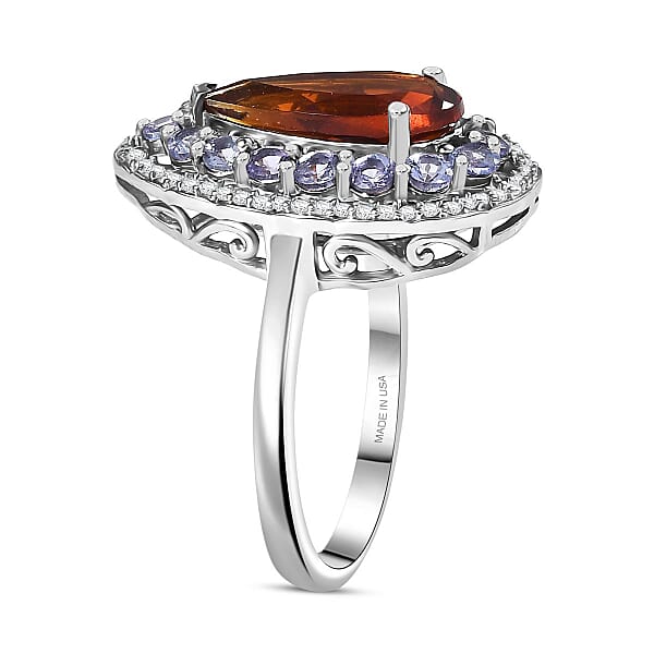 D'Joy Premium Red Citrine And Multi Gemstone 4.00 Ctw Twilight Flame Ring In Rhodium Over Sterling Silver