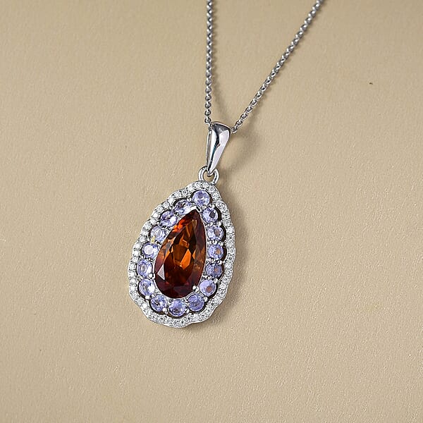 D'Joy Premium Red Citrine And Multi Gemstone 4.00 Ctw Twilight Flame Pendant Necklace In Rhodium Over Sterling Silver 20 Inches