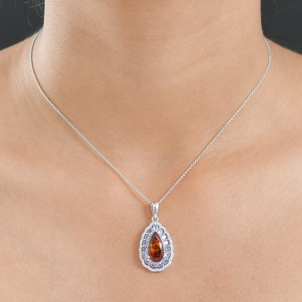 D'Joy Premium Red Citrine And Multi Gemstone 4.00 Ctw Twilight Flame Pendant Necklace In Rhodium Over Sterling Silver 20 Inches
