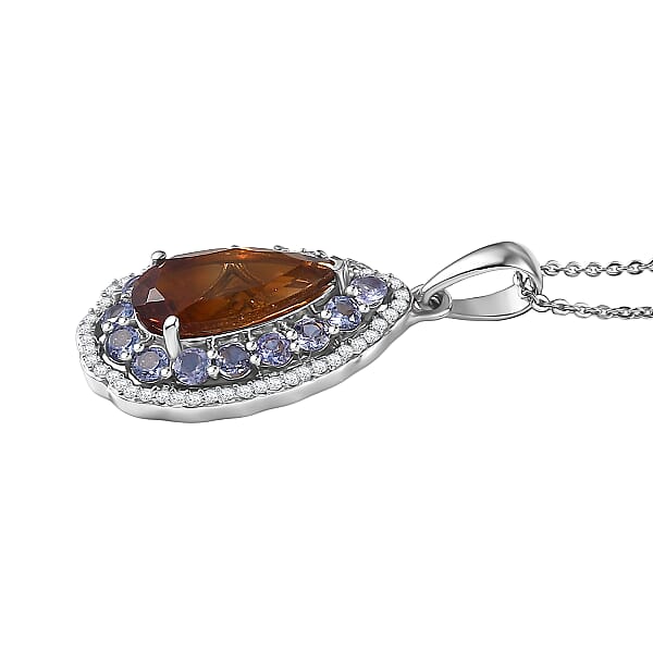 D'Joy Premium Red Citrine And Multi Gemstone 4.00 Ctw Twilight Flame Pendant Necklace In Rhodium Over Sterling Silver 20 Inches