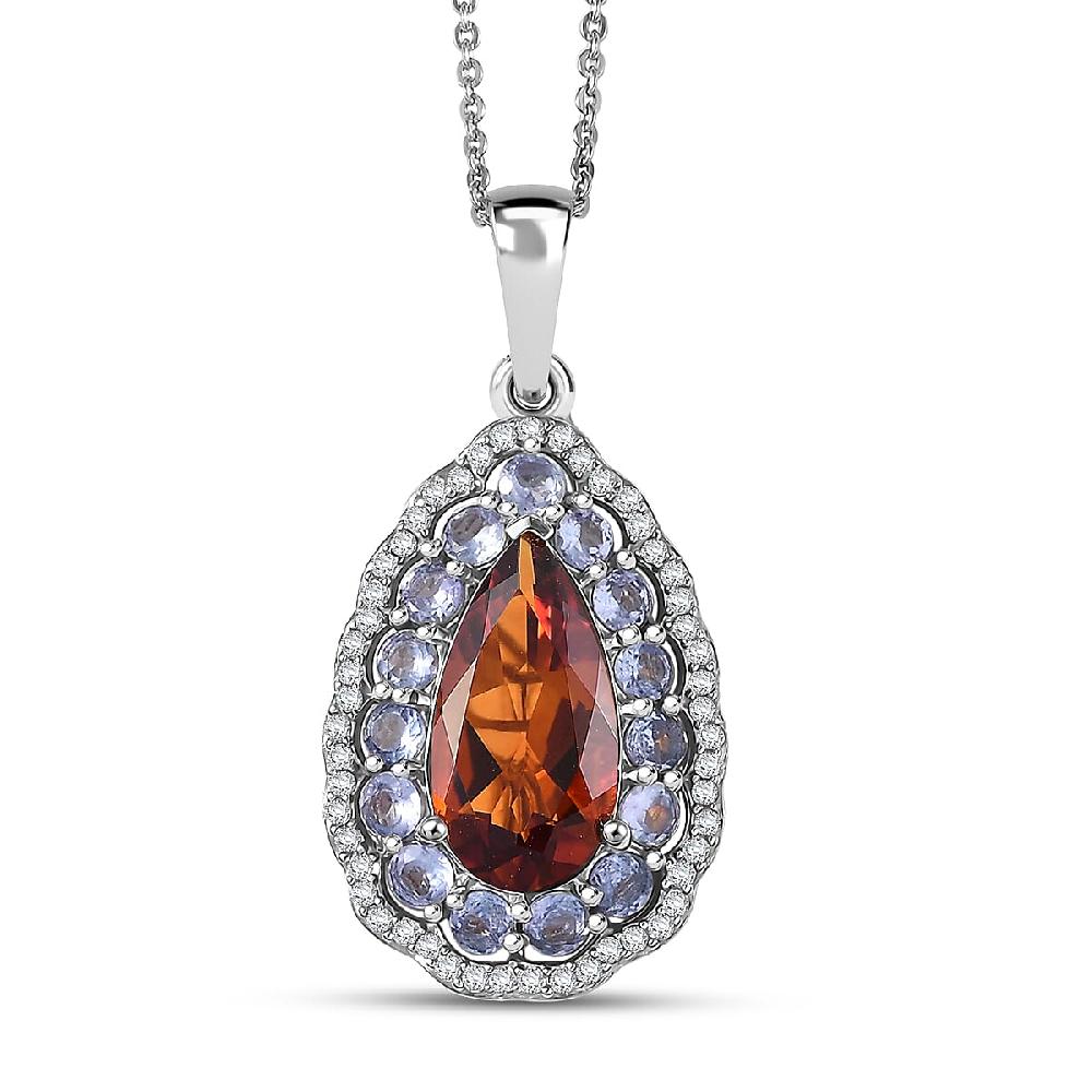 D'Joy Premium Red Citrine and Multi Gemstone 4.00 ctw Twilight Flame Pendant Necklace in Rhodium Over Sterling Silver 20 Inches