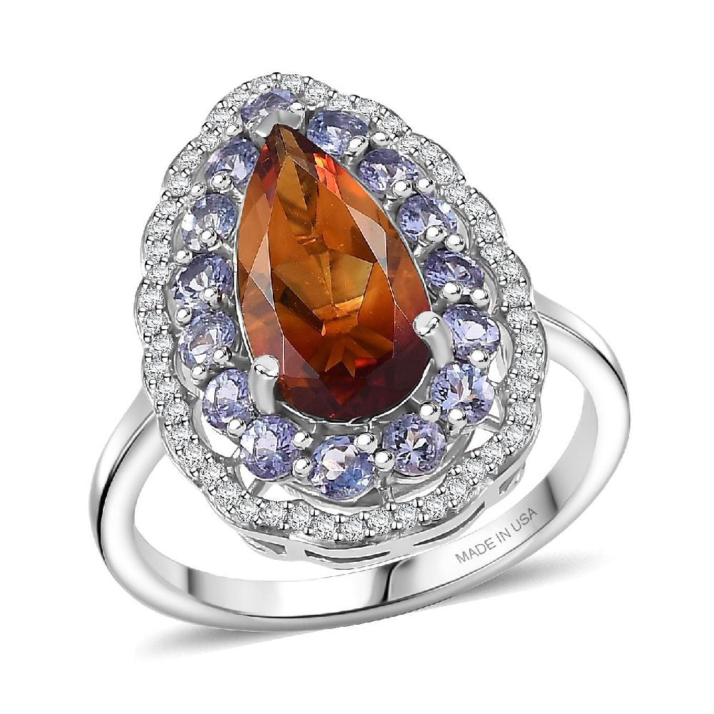 D'Joy Premium Red Citrine and Multi Gemstone 4.00 ctw Twilight Flame Ring in Rhodium Over Sterling Silver