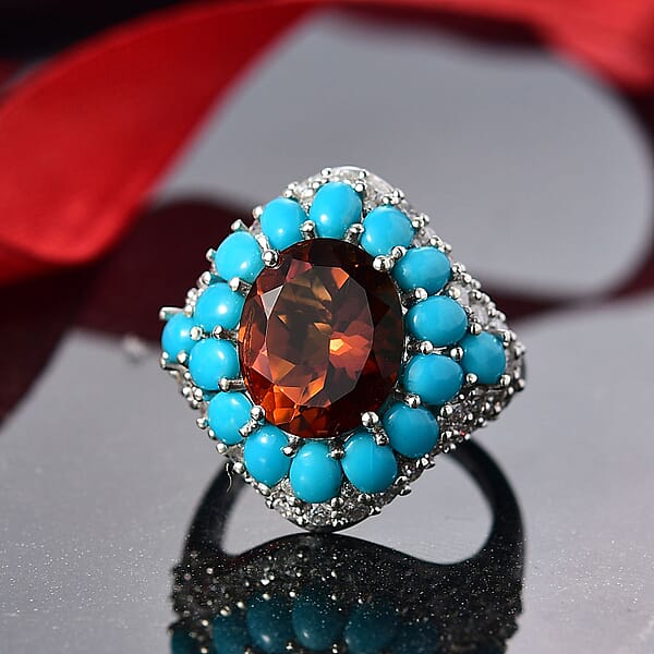 D'Joy Premium Red Citrine And Multi Gemstone 8.25 Ctw Fire & Sky Ring In Rhodium Over Sterling Silver