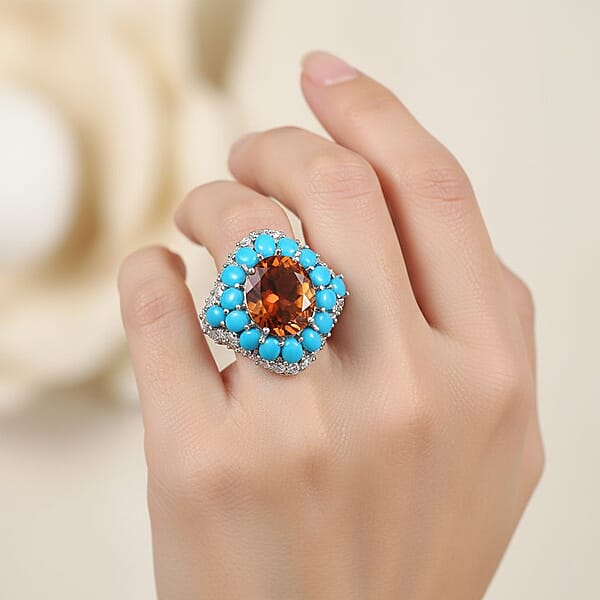 D'Joy Premium Red Citrine And Multi Gemstone 8.25 Ctw Fire & Sky Ring In Rhodium Over Sterling Silver