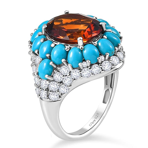 D'Joy Premium Red Citrine And Multi Gemstone 8.25 Ctw Fire & Sky Ring In Rhodium Over Sterling Silver