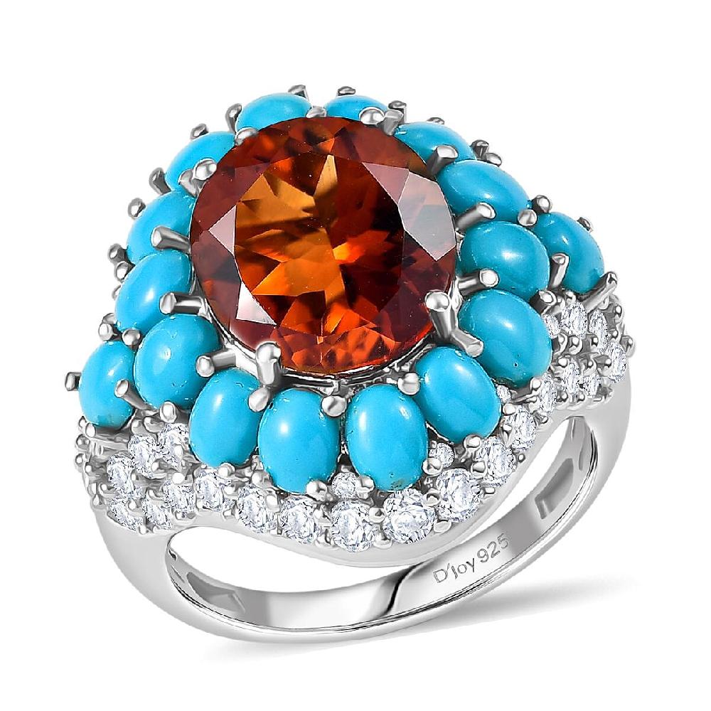 D'Joy Premium Red Citrine and Multi Gemstone 8.25 ctw Fire & Sky Ring in Rhodium Over Sterling Silver