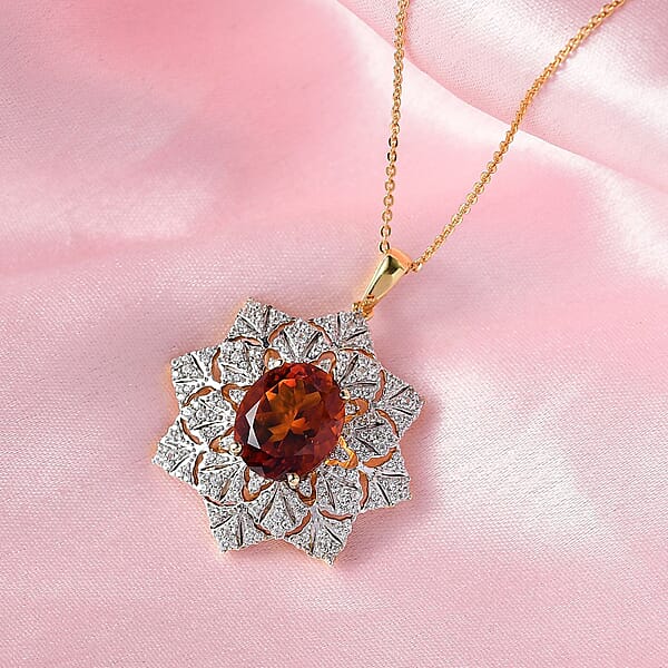 D'Joy Premium Red Citrine And White Zircon 5.30 Ctw Royal Fire Blossom Pendant Necklace In 18K Vermeil Yellow Gold Over Sterling Silver 20 Inches