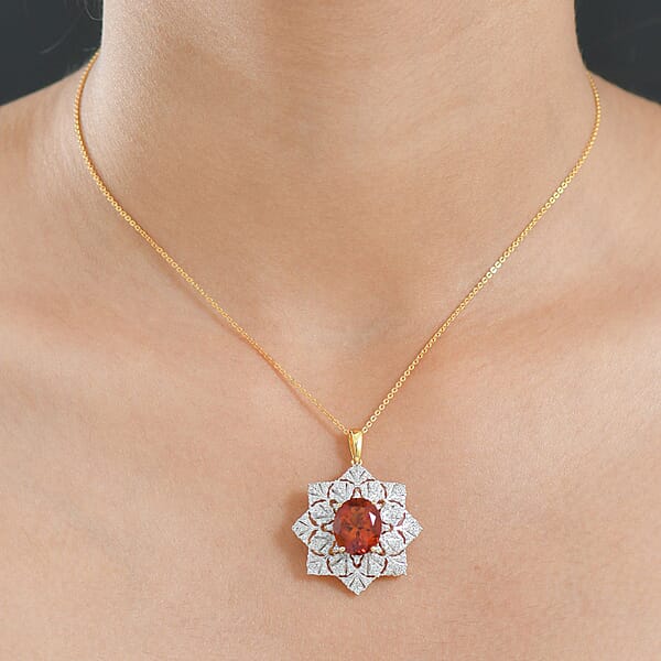 D'Joy Premium Red Citrine And White Zircon 5.30 Ctw Royal Fire Blossom Pendant Necklace In 18K Vermeil Yellow Gold Over Sterling Silver 20 Inches