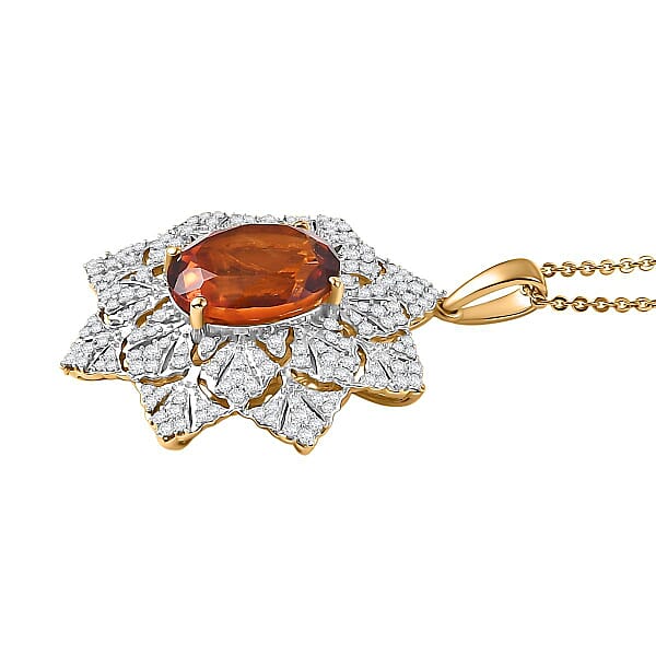 D'Joy Premium Red Citrine And White Zircon 5.30 Ctw Royal Fire Blossom Pendant Necklace In 18K Vermeil Yellow Gold Over Sterling Silver 20 Inches