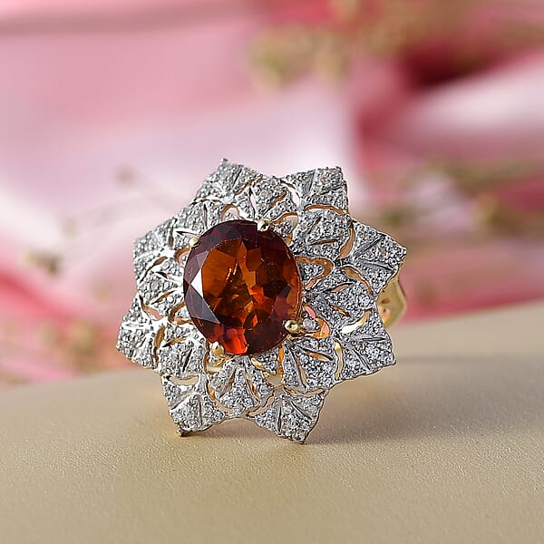 D'Joy Premium Red Citrine And White Zircon 5.40 Ctw Royal Fire Blossom Ring In 18K Vermeil Yellow Gold Over Sterling Silver