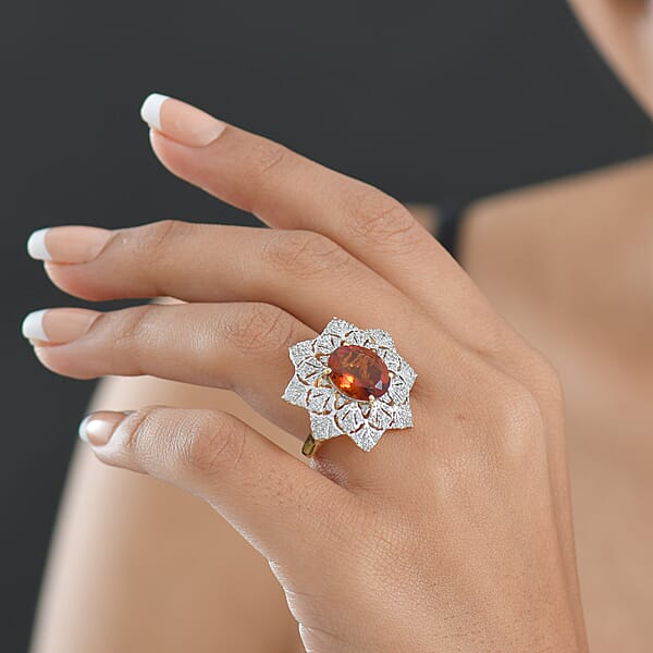D'Joy Premium Red Citrine And White Zircon 5.40 Ctw Royal Fire Blossom Ring In 18K Vermeil Yellow Gold Over Sterling Silver