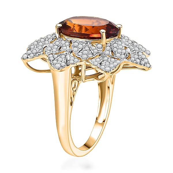 D'Joy Premium Red Citrine And White Zircon 5.40 Ctw Royal Fire Blossom Ring In 18K Vermeil Yellow Gold Over Sterling Silver