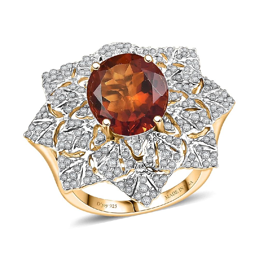 D'Joy Premium Red Citrine and White Zircon 5.40 ctw Royal Fire Blossom Ring in 18K Vermeil Yellow Gold Over Sterling Silver