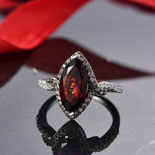 D'Joy Premium Red Citrine White And Champagne Zircon 2.90 Ctw Whisper Of Fire Ring In Rhodium Over Sterling Silver