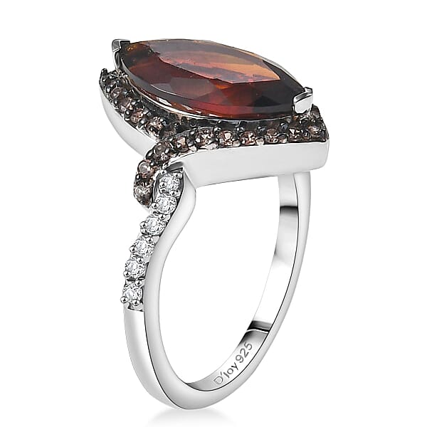 D'Joy Premium Red Citrine White And Champagne Zircon 2.90 Ctw Whisper Of Fire Ring In Rhodium Over Sterling Silver