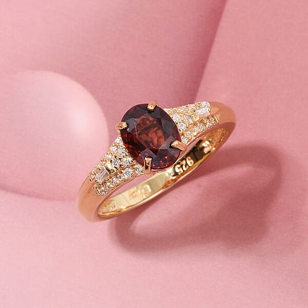 D'Joy Premium Red Zircon And Moissanite 2.30 Ctw Flame Oval Ring In 18K Vermeil Yellow Gold Over Sterling Silver