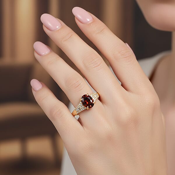 D'Joy Premium Red Zircon And Moissanite 2.30 Ctw Flame Oval Ring In 18K Vermeil Yellow Gold Over Sterling Silver