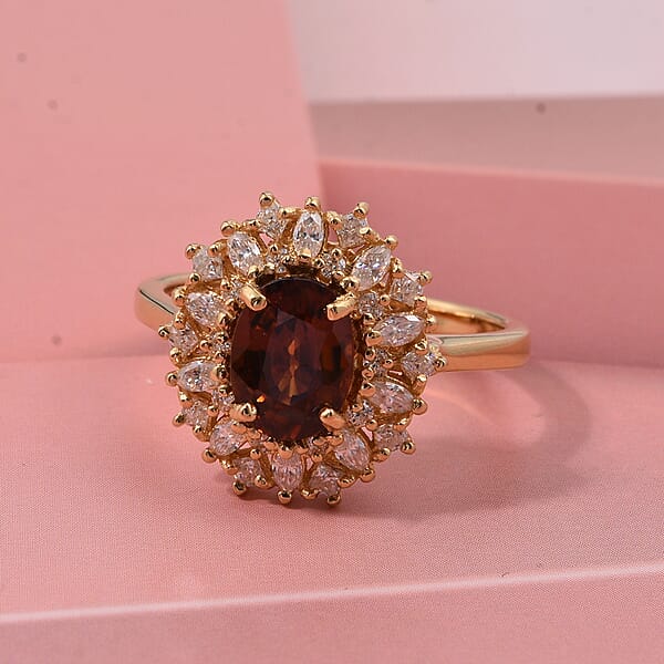 D'Joy Premium Red Zircon And Moissanite 2.75 Ctw Flameburst Ring In 18K Vermeil Yellow Gold Over Sterling Silver