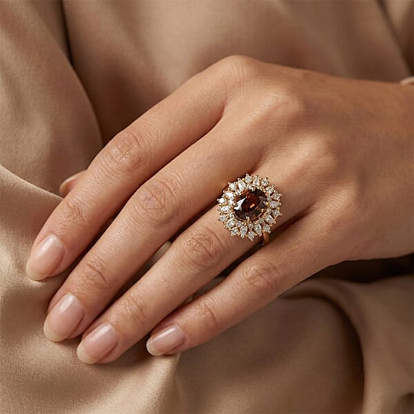 D'Joy Premium Red Zircon And Moissanite 2.75 Ctw Flameburst Ring In 18K Vermeil Yellow Gold Over Sterling Silver