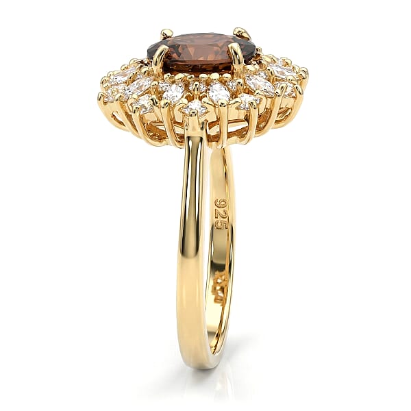 D'Joy Premium Red Zircon And Moissanite 2.75 Ctw Flameburst Ring In 18K Vermeil Yellow Gold Over Sterling Silver