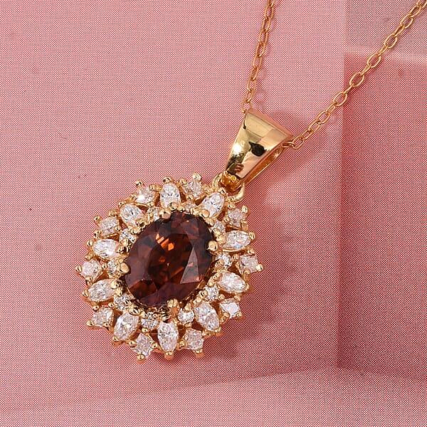 D'Joy Premium Red Zircon And Moissanite 2.75 Ctw Flameburst Pendant Necklace In 18K Vermeil Yellow Gold Over Sterling Silver 20 Inches