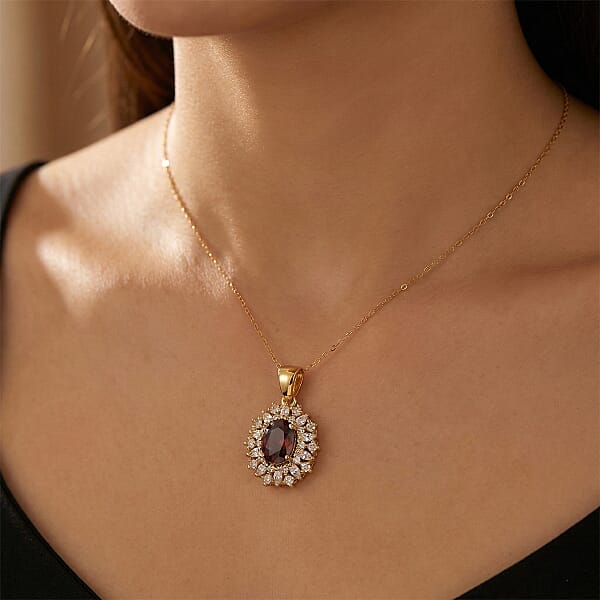 D'Joy Premium Red Zircon And Moissanite 2.75 Ctw Flameburst Pendant Necklace In 18K Vermeil Yellow Gold Over Sterling Silver 20 Inches