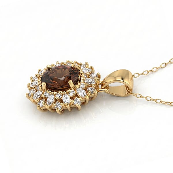 D'Joy Premium Red Zircon And Moissanite 2.75 Ctw Flameburst Pendant Necklace In 18K Vermeil Yellow Gold Over Sterling Silver 20 Inches