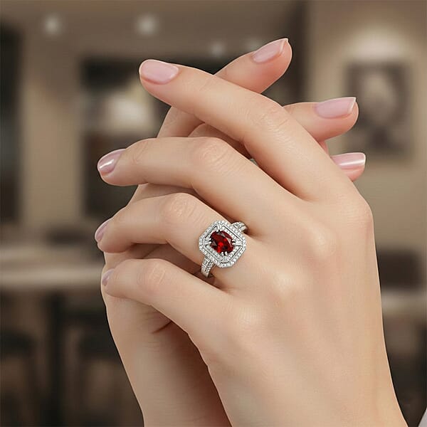 D'Joy Premium Red Zircon And Moissanite 3.00 Ctw Scarlet Flame Ring In Rhodium Over Sterling Silver
