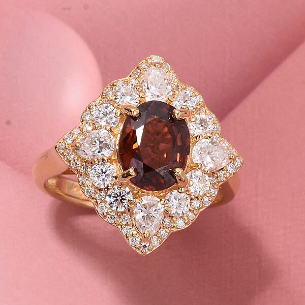 D'Joy Premium Red Zircon And Moissanite 4.35 Ctw Fire Reign Ring In 18K Vermeil Yellow Gold Over Sterling Silver