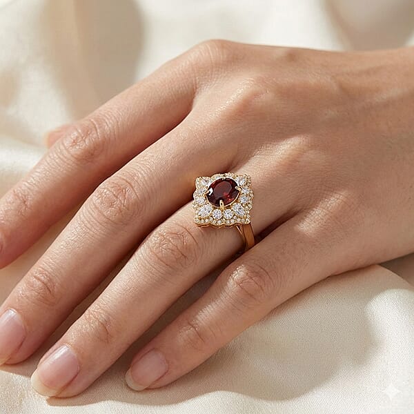 D'Joy Premium Red Zircon And Moissanite 4.35 Ctw Fire Reign Ring In 18K Vermeil Yellow Gold Over Sterling Silver