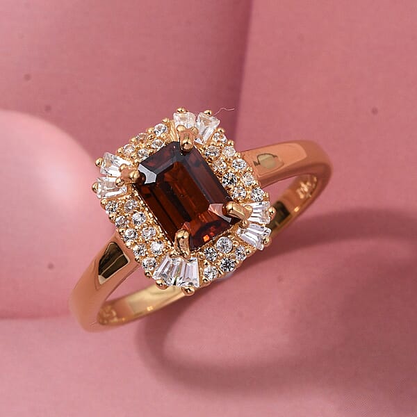 D'Joy Premium Red Zircon And White Zircon 2.10 Ctw Imperial Seal Ring In 18K Vermeil Yellow Gold Over Sterling Silver (Del. In 7-10 Days)