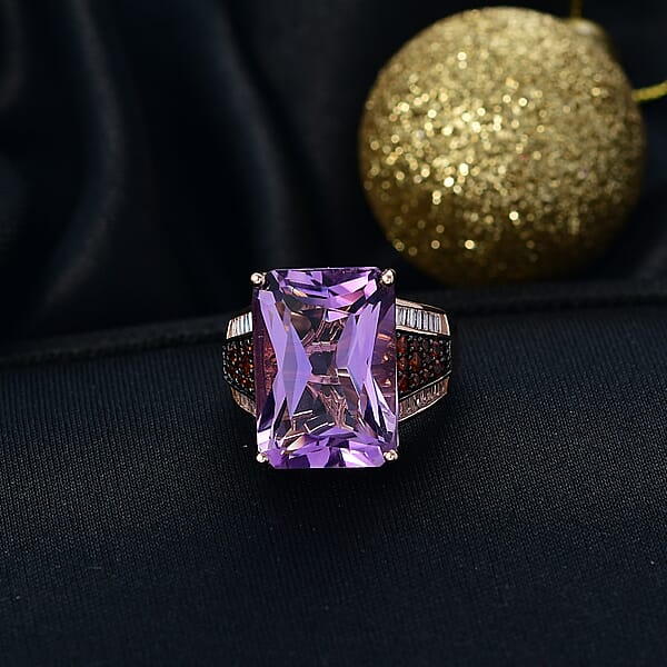 D'Joy Premium Rose De France Amethyst And Multi Gemstone 15.00 Ctw Crowned Aura Ring In 18K Vermeil Rose Gold Over Sterling Silver