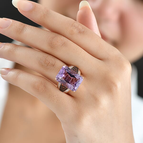D'Joy Premium Rose De France Amethyst And Multi Gemstone 15.00 Ctw Crowned Aura Ring In 18K Vermeil Rose Gold Over Sterling Silver