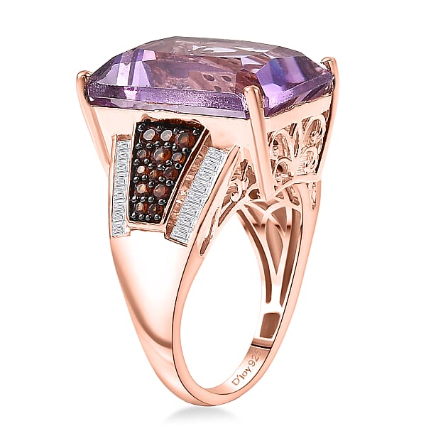 D'Joy Premium Rose De France Amethyst And Multi Gemstone 15.00 Ctw Crowned Aura Ring In 18K Vermeil Rose Gold Over Sterling Silver