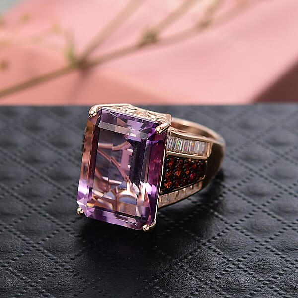 D'Joy Premium Rose De France Amethyst And Multi Gemstone 15.20 Ctw Crown Of The Two Forces Ring In 18K Vermeil Rose Gold Over Sterling Silver