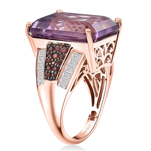 D'Joy Premium Rose De France Amethyst And Multi Gemstone 15.20 Ctw Crown Of The Two Forces Ring In 18K Vermeil Rose Gold Over Sterling Silver