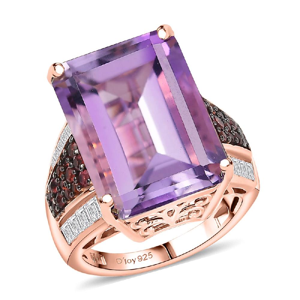 D'Joy Premium Rose De France Amethyst and Multi Gemstone 15.20 ctw Crown of the Two Forces Ring in 18K Vermeil Rose Gold Over Sterling Silver