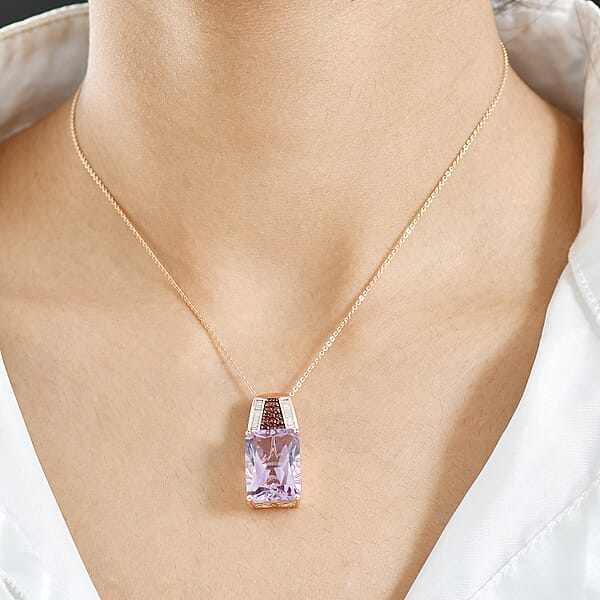 D'Joy Premium Rose De France Amethyst Multi Gemstone 14.10 Ctw Crowned Aura Pendant Necklace In 18K Vermeil Rose Gold Over Sterling Silver 20 Inches