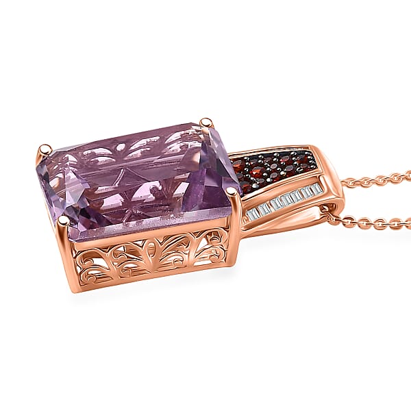 D'Joy Premium Rose De France Amethyst Multi Gemstone 14.10 Ctw Crowned Aura Pendant Necklace In 18K Vermeil Rose Gold Over Sterling Silver 20 Inches