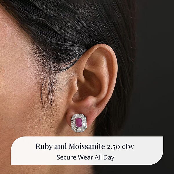 D'Joy Premium Royal Ruby And Moissanite 2.50 Ctw Art Deco Earrings In Rhodium Over Sterling Silver