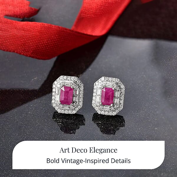 D'Joy Premium Royal Ruby And Moissanite 2.50 Ctw Art Deco Earrings In Rhodium Over Sterling Silver