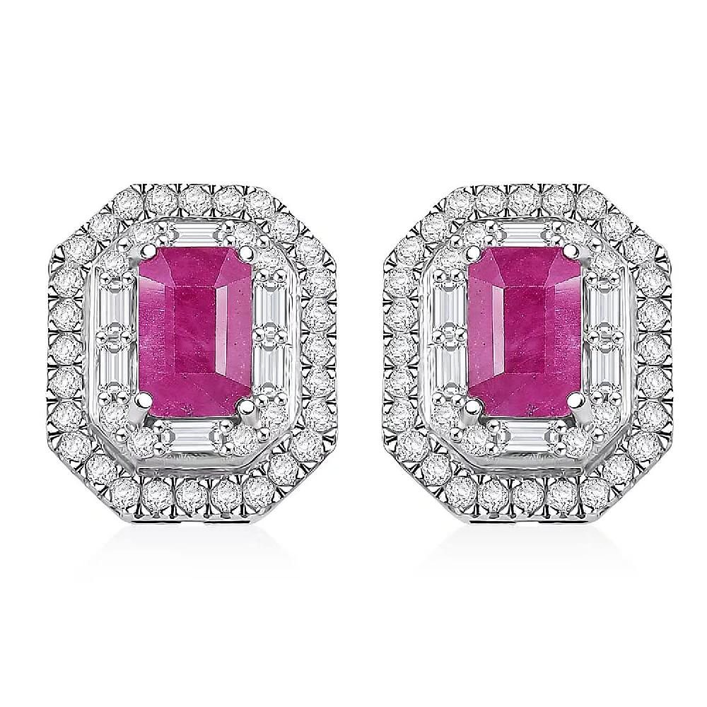 D'Joy Premium Royal Ruby and Moissanite 2.50 ctw Art Deco Earrings in Rhodium Over Sterling Silver