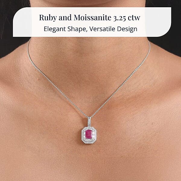 D'Joy Premium Royal Ruby And Moissanite 3.25 Ctw Art Deco Pendant Necklace In Rhodium Over Sterling Silver 20 Inches