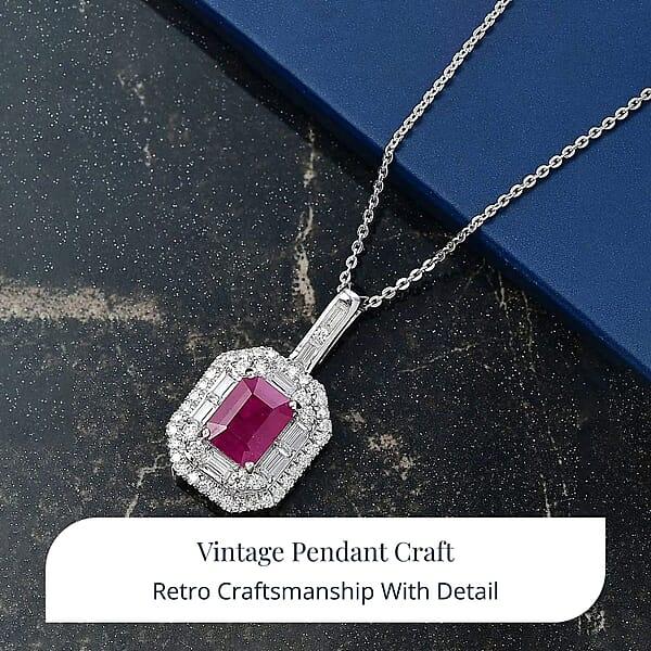 D'Joy Premium Royal Ruby And Moissanite 3.25 Ctw Art Deco Pendant Necklace In Rhodium Over Sterling Silver 20 Inches