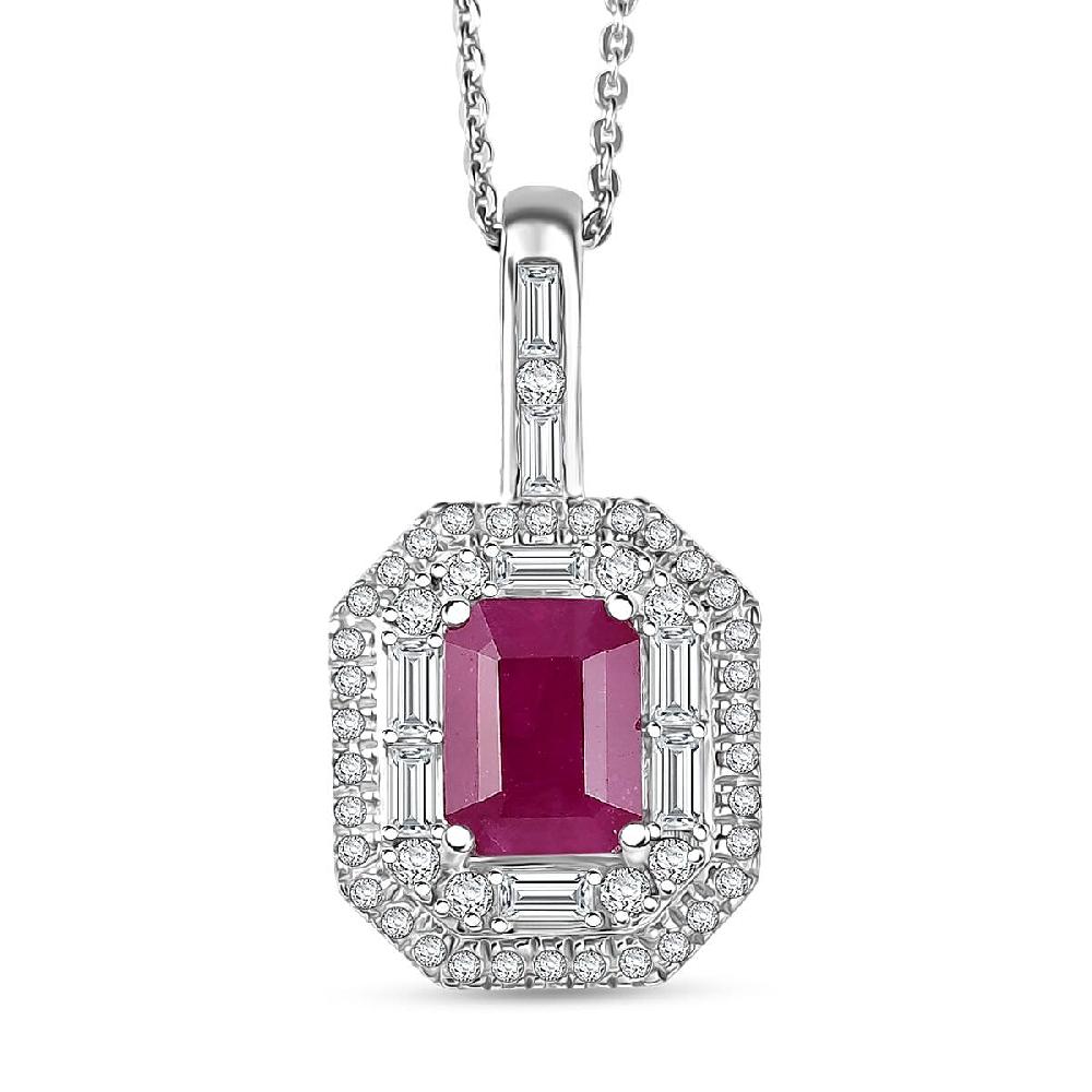 D'Joy Premium Royal Ruby and Moissanite 3.25 ctw Art Deco Pendant Necklace in Rhodium Over Sterling Silver 20 Inches