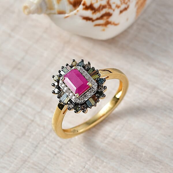 D'Joy Premium Royal Ruby And Multi Diamond 1.20 Ctw Firecracker Ring In 18K Vermeil Yellow Gold Over Sterling Silver