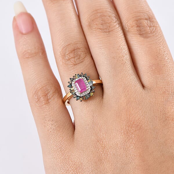 D'Joy Premium Royal Ruby And Multi Diamond 1.20 Ctw Firecracker Ring In 18K Vermeil Yellow Gold Over Sterling Silver